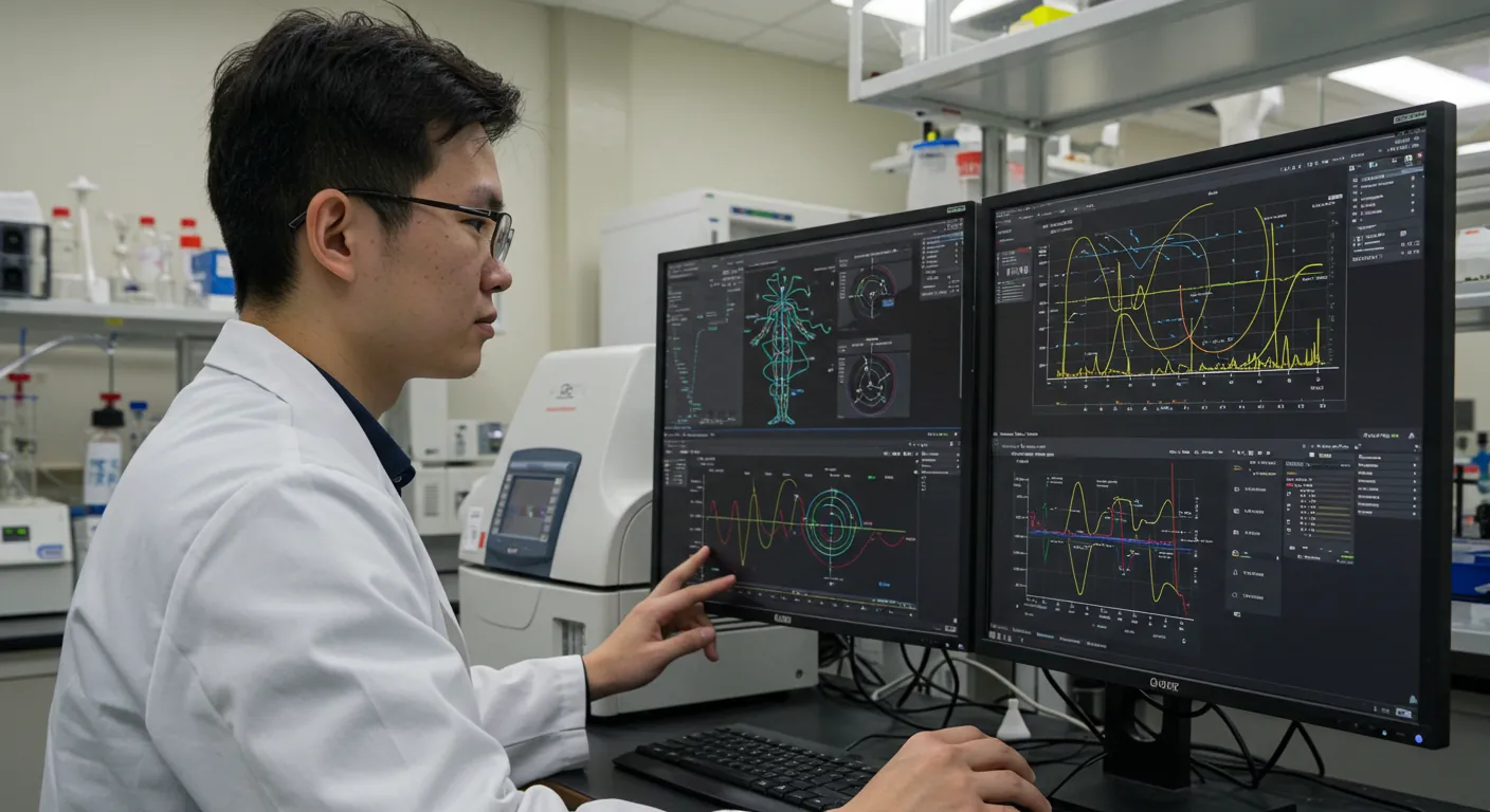 Scientist analyzing medical research monitors