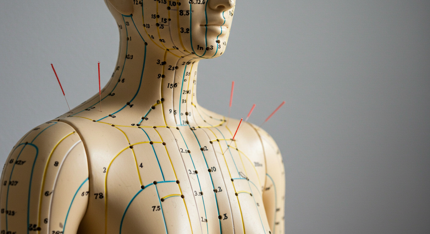 Acupuncture model mannequin showing acupuncture points and needles
